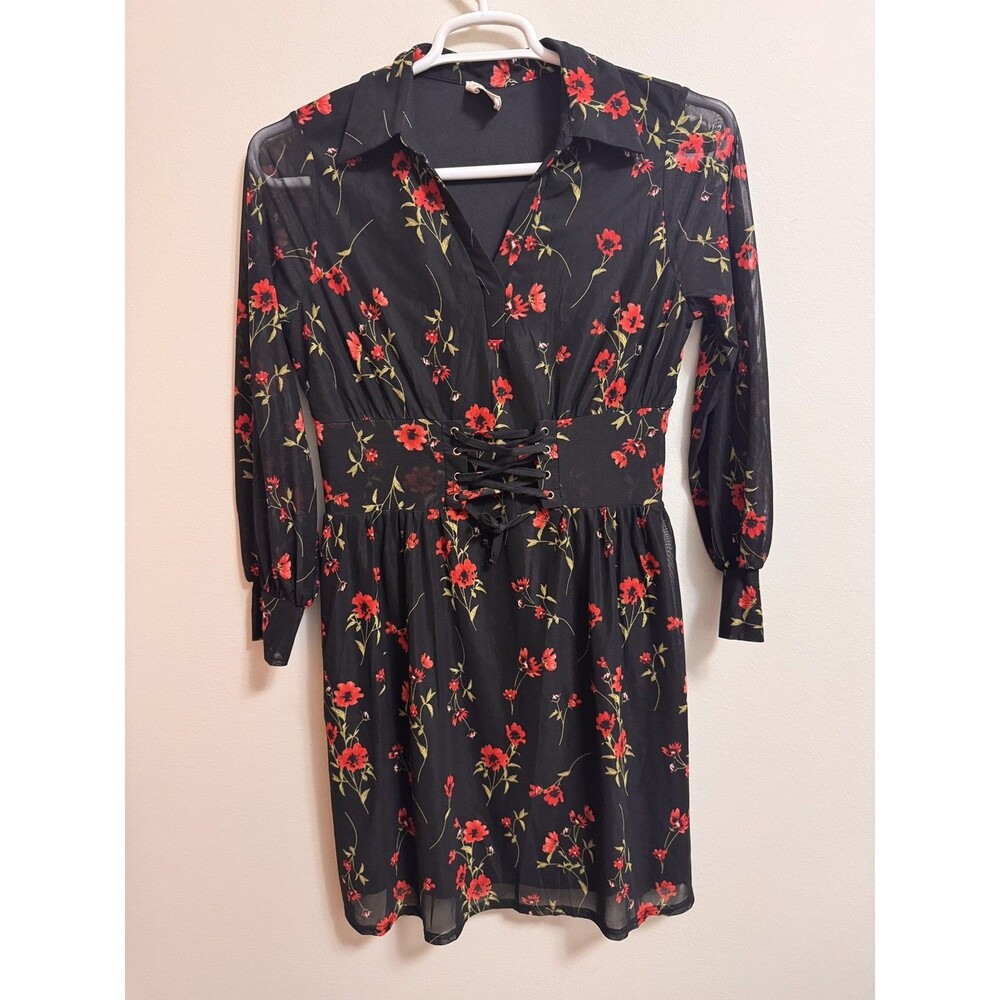Whimisigoth Ember Black Floral Stretchy Dress Cinched Waist Fit & Flare Size L